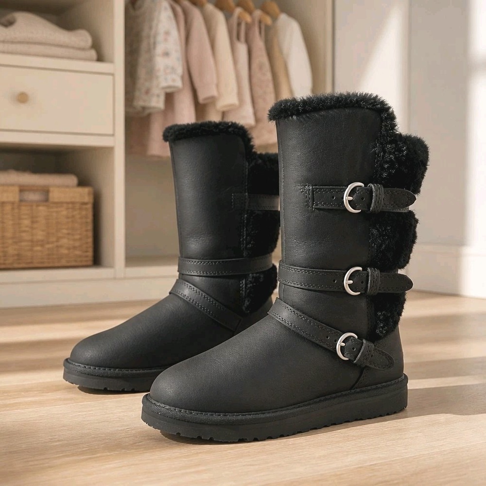 UGG Australia Becket Black Leather Sheepskin Boots Moto Buckle Kid's Size‎ 1